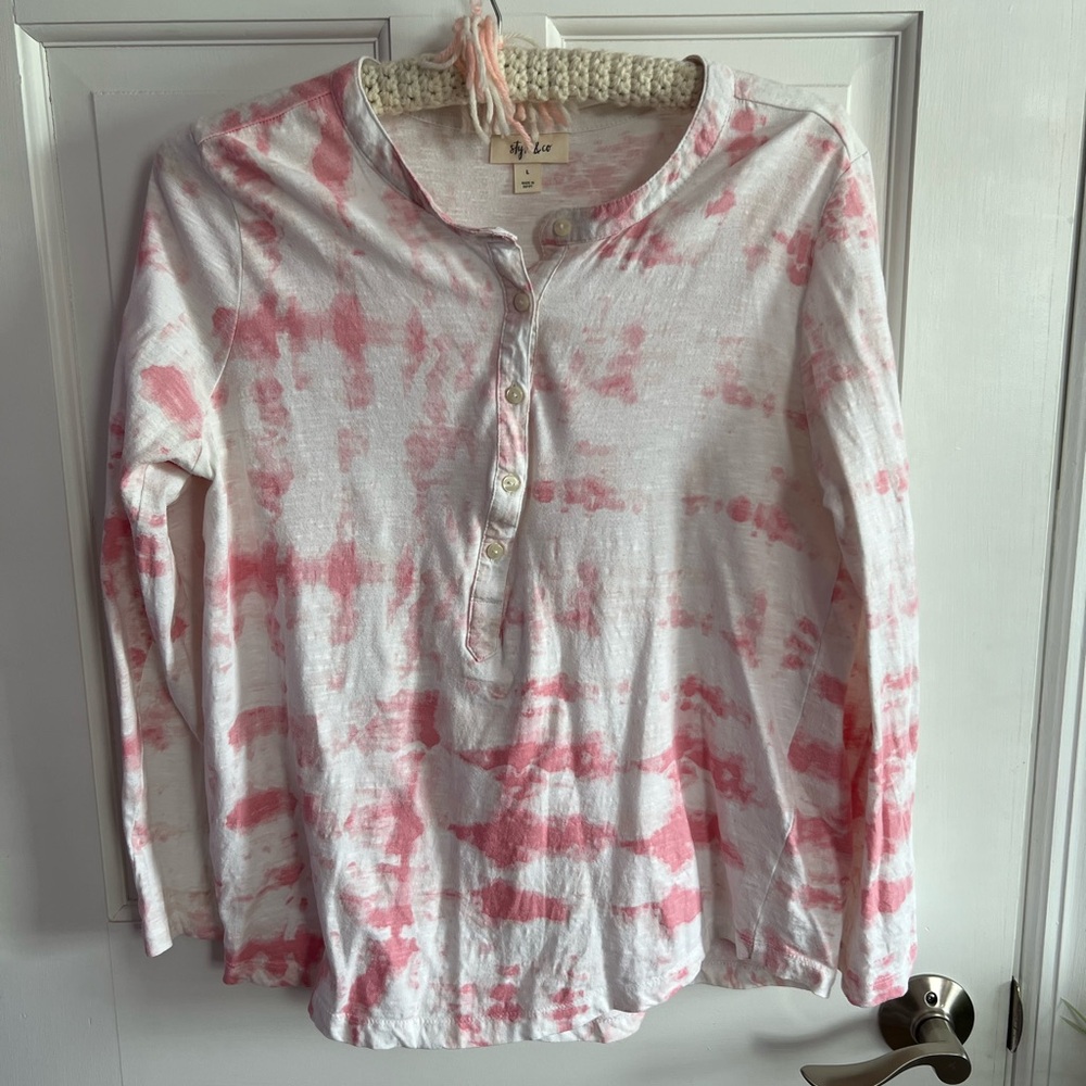 Style & Co - Pink and White Tie-Dye Long Sleeve Henley